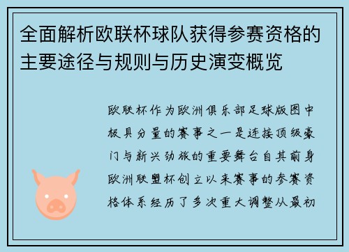 全面解析欧联杯球队获得参赛资格的主要途径与规则与历史演变概览 全面解析欧联杯球队获得参赛资格的主要途径与规则与历史演变概览