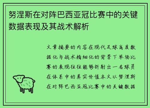 努涅斯在对阵巴西亚冠比赛中的关键数据表现及其战术解析 努涅斯在对阵巴西亚冠比赛中的关键数据表现及其战术解析