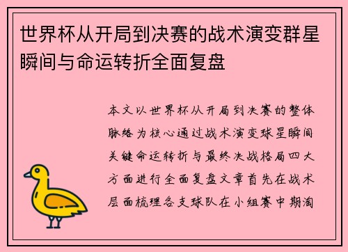 世界杯从开局到决赛的战术演变群星瞬间与命运转折全面复盘