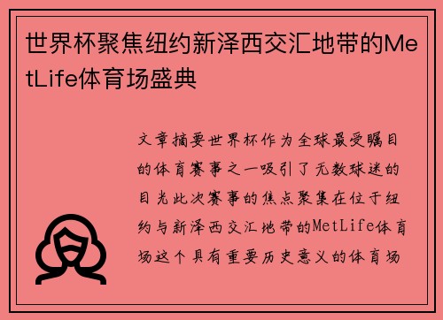 世界杯聚焦纽约新泽西交汇地带的MetLife体育场盛典